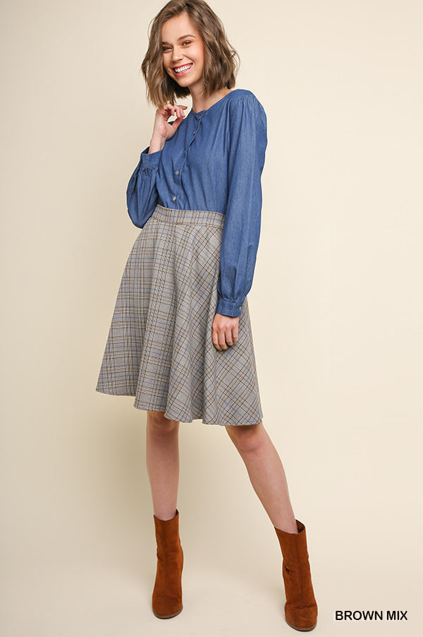 High Waisted Plaid Print A-Line Midi Skirt with an Elastic Waistband