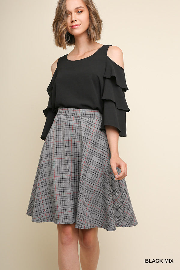 High Waisted Plaid Print A-Line Midi Skirt with an Elastic Waistband