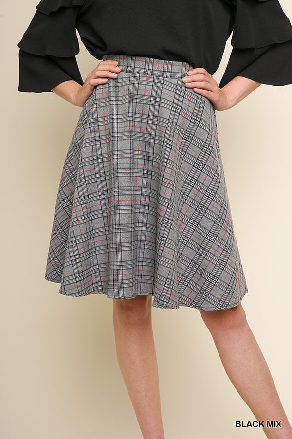 High Waisted Plaid Print A-Line Midi Skirt with an Elastic Waistband