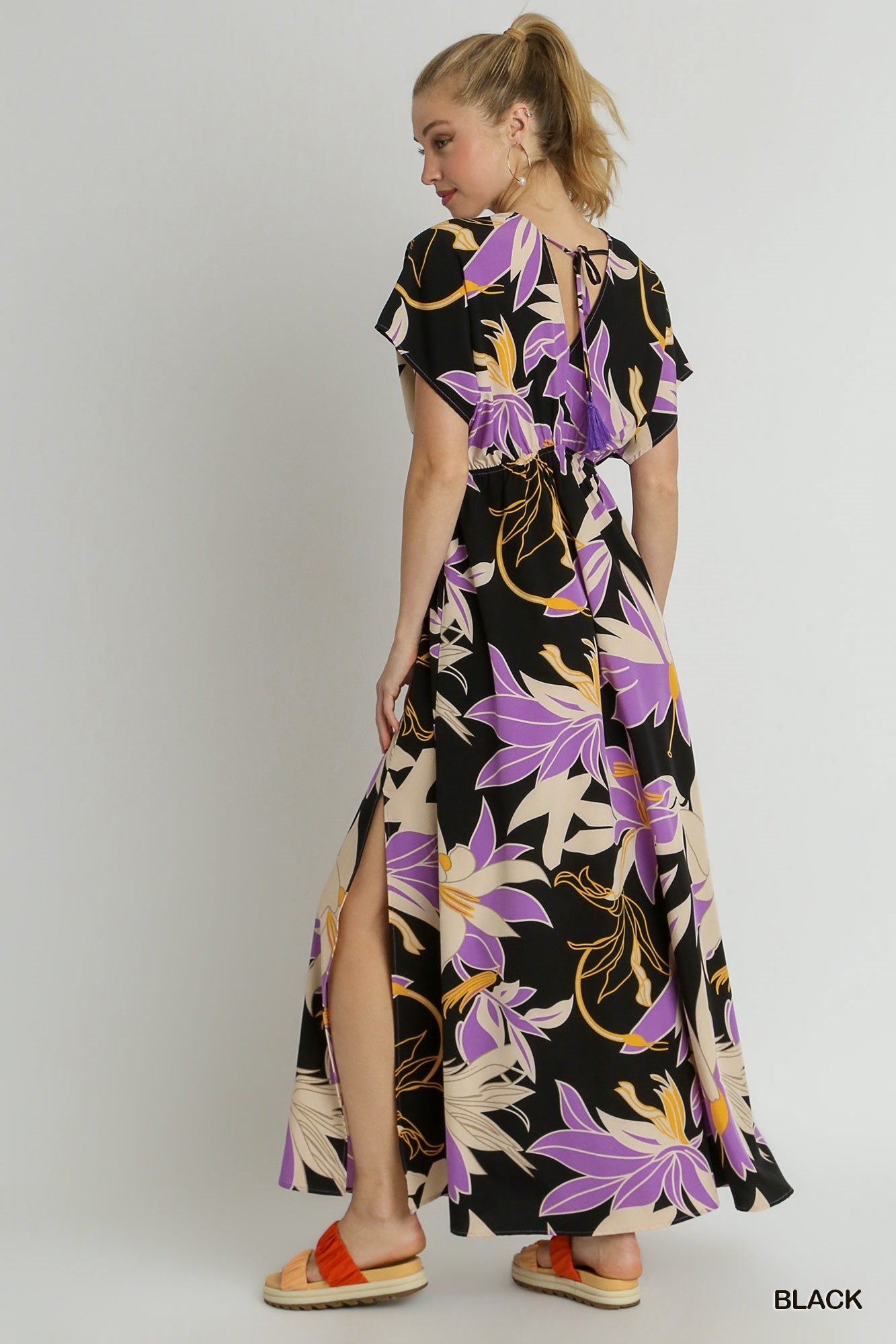 Floral Print A-Line Maxi Dress with Side Slit, Overlap Front Button &amp; Back Tassel Tie