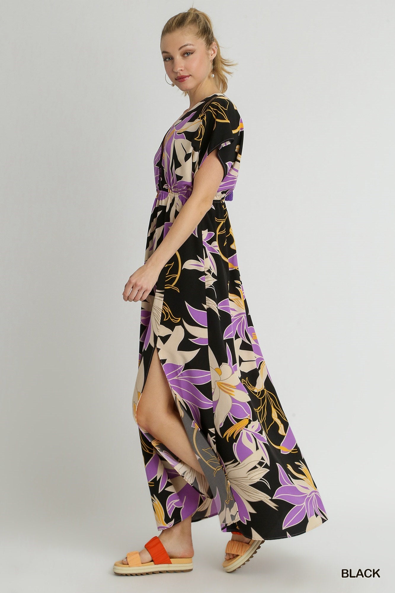Floral Print A-Line Maxi Dress with Side Slit, Overlap Front Button &amp; Back Tassel Tie
