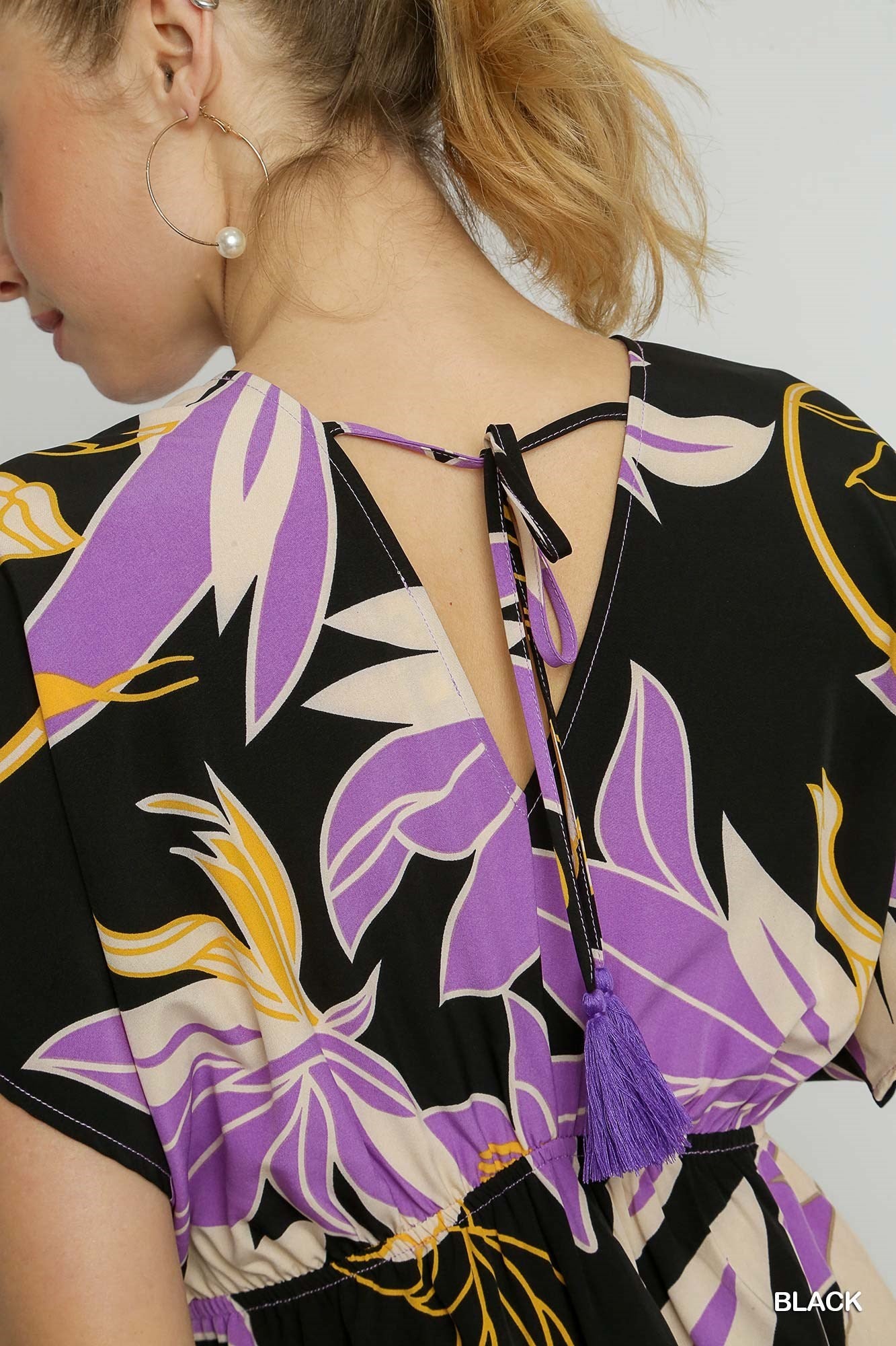 Floral Print A-Line Maxi Dress with Side Slit, Overlap Front Button &amp; Back Tassel Tie