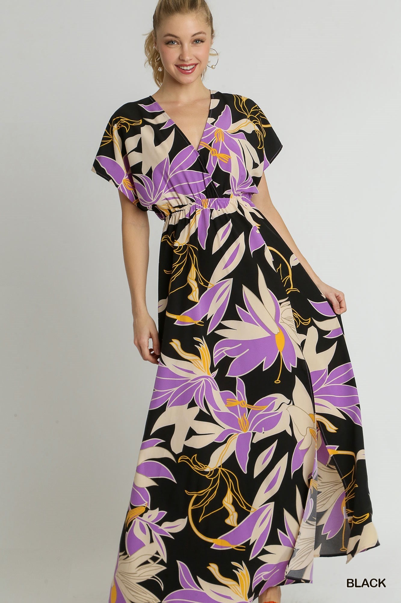 Floral Print A-Line Maxi Dress with Side Slit, Overlap Front Button &amp; Back Tassel Tie