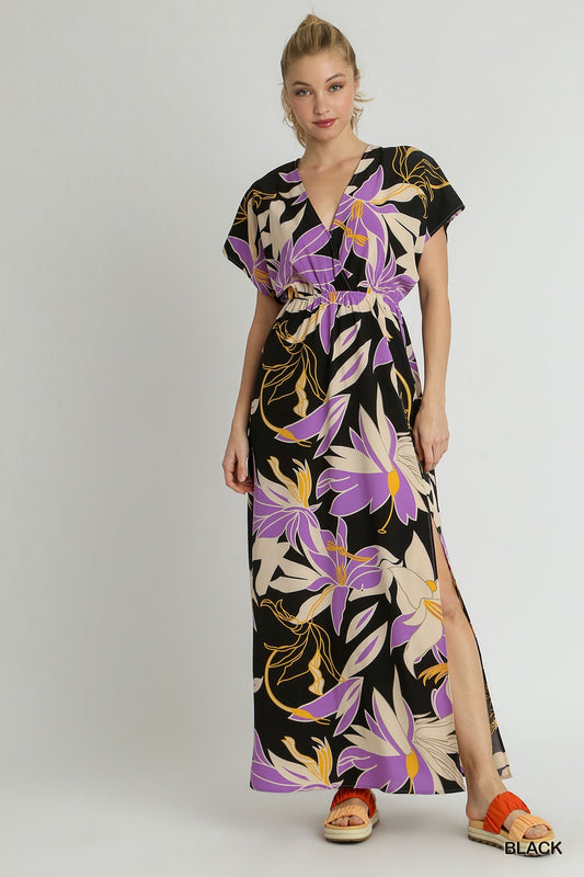 Floral Print A-Line Maxi Dress with Side Slit, Overlap Front Button &amp; Back Tassel Tie