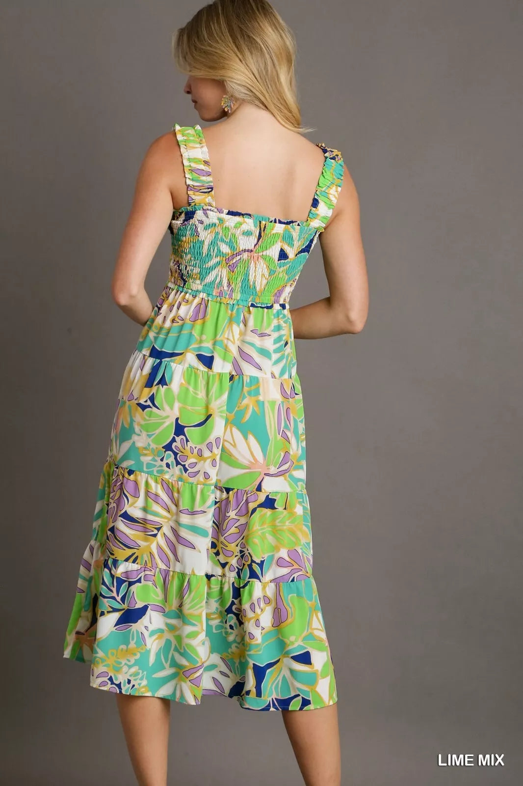 Tropical Print Smocked Tiered A-Line Dress with Elastic Strap Sleeves.